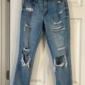 Stylish Blue Ripped Straight Leg Jeans